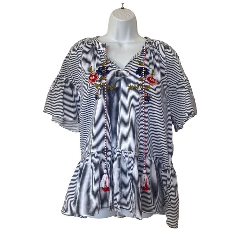 CW Classics Short Sleeve Striped Peplum Top Embroidered 100% Cotton Size Large